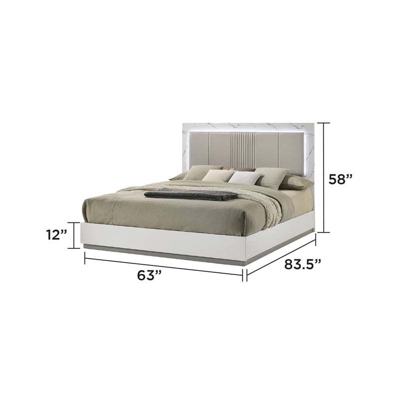 Mist Modern style Queen Bed made with Wood Lacquer & Marble Headboard in White