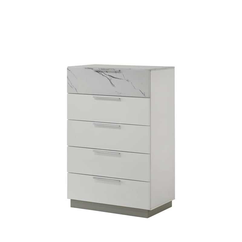 Mist 5PC Queen bedroom Set made with Wood Lacquer & Marble Detailing in White