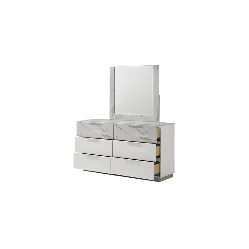 Mist 4PC King bedroom Set made with Wood Lacquer & Marble Detailing in White