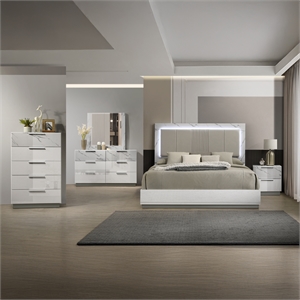 Mist 5PC King bedroom Set made with Wood Lacquer & Marble Detailing in White