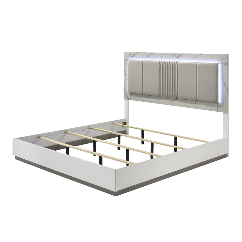 Mist modern style King Bed made with Wood Lacquer & Marble Detailing in White