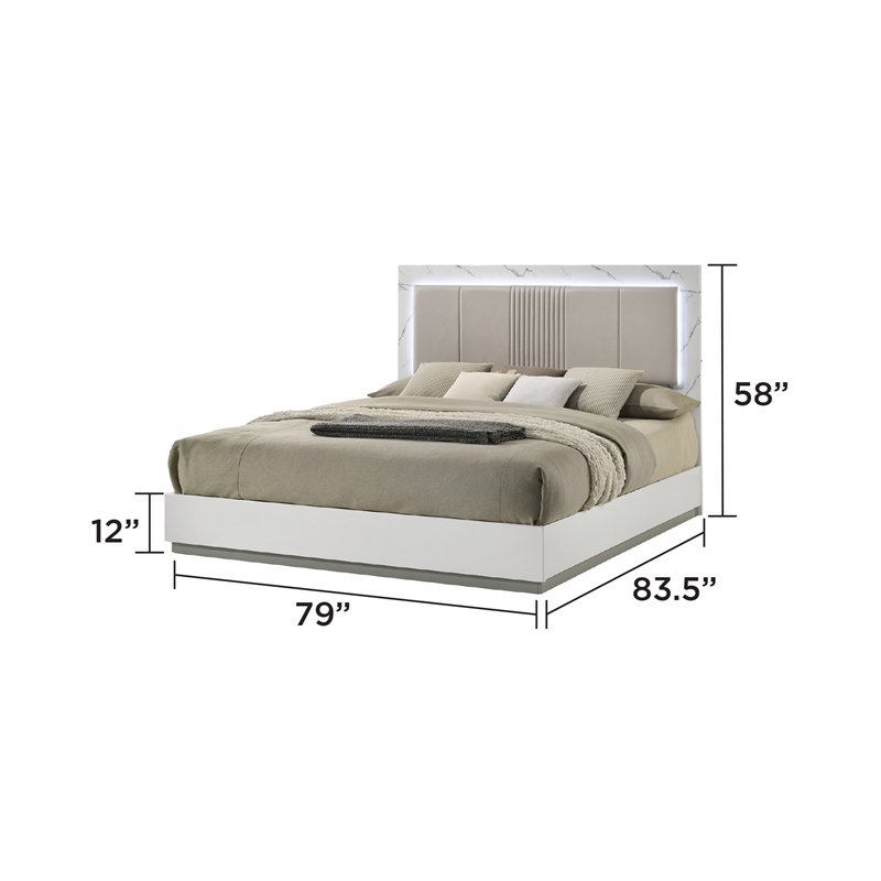 Mist modern style King Bed made with Wood Lacquer & Marble Detailing in White
