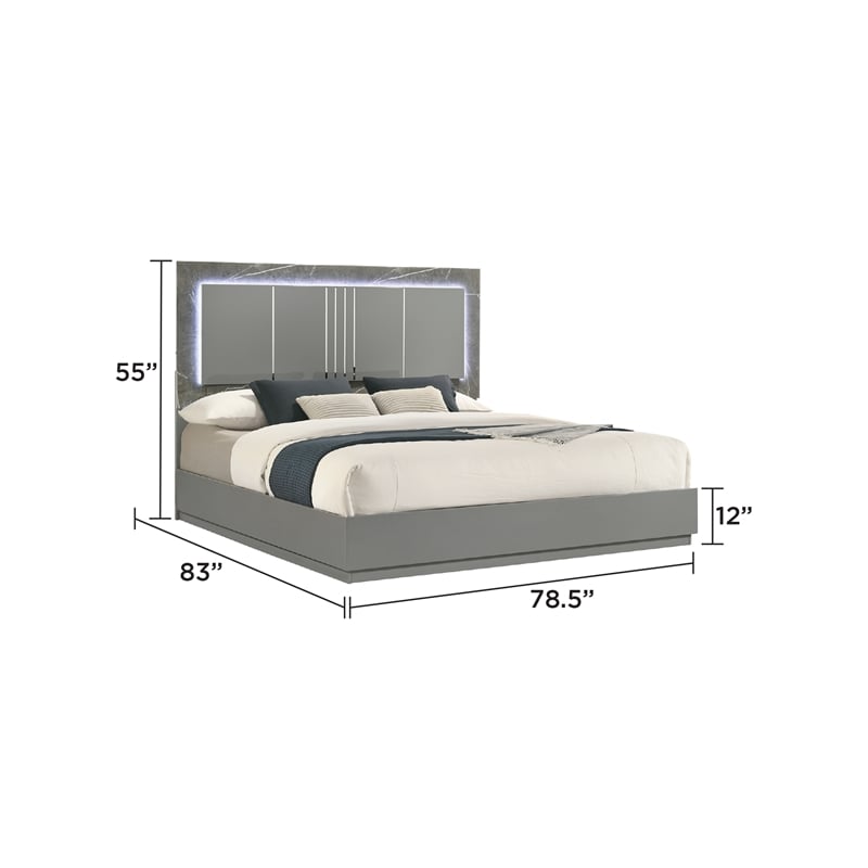 Elara King Bed - Manufactured Wood - Gray & LED Marble Accent Headboard