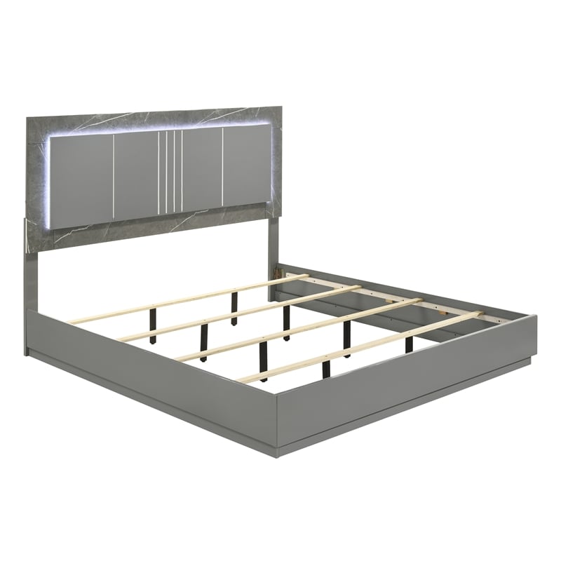 Elara King Bed - Manufactured Wood - Gray & LED Marble Accent Headboard