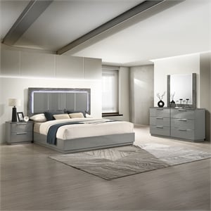 Elara Queen 4PC Set - Manufactured Wood - Gray & LED Marble Accent Headboard