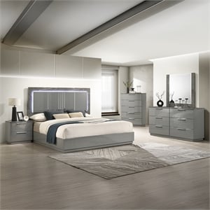 Elara Queen 5PC Set - Manufactured Wood - Gray & LED Marble Accent Headboard