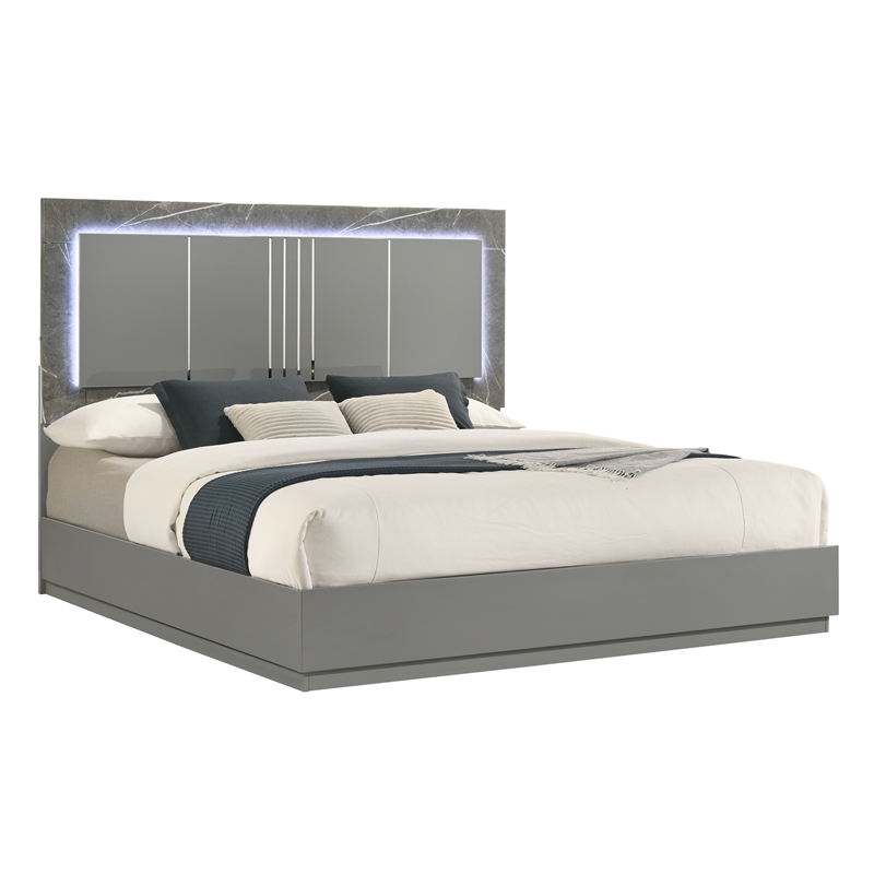 Elara King 4PC Set - Manufactured Wood - Gray & LED Marble Accent Headboard
