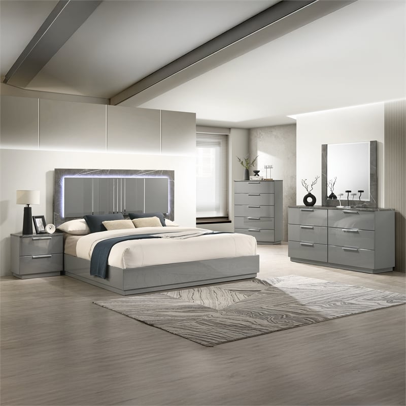 Elara King 5PC Set - Manufactured Wood - Gray & LED Marble Accent Headboard