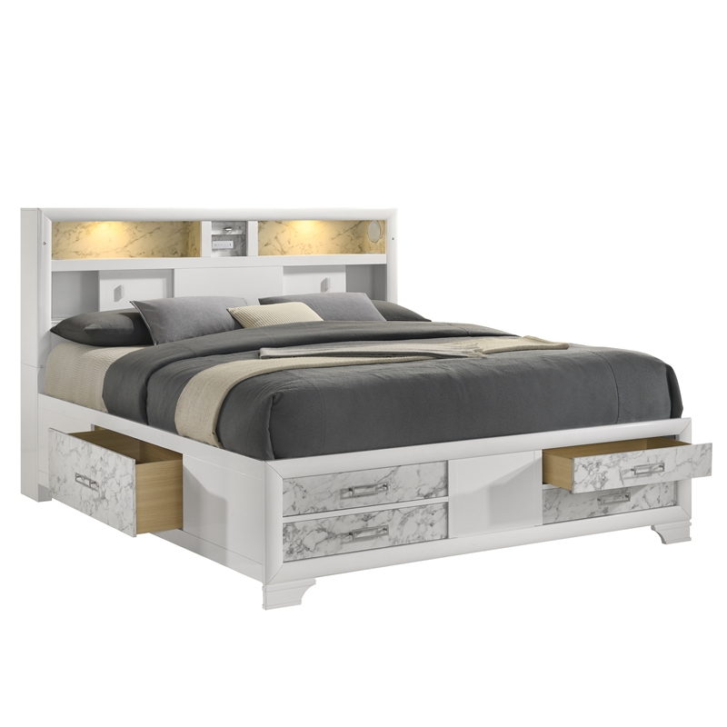 Soul Queen Bed with Manufactured Wood & LED Headboard in White