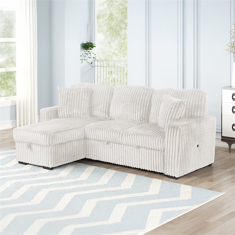Plush Sectional made with Soft Corduroy and Wood in Cream