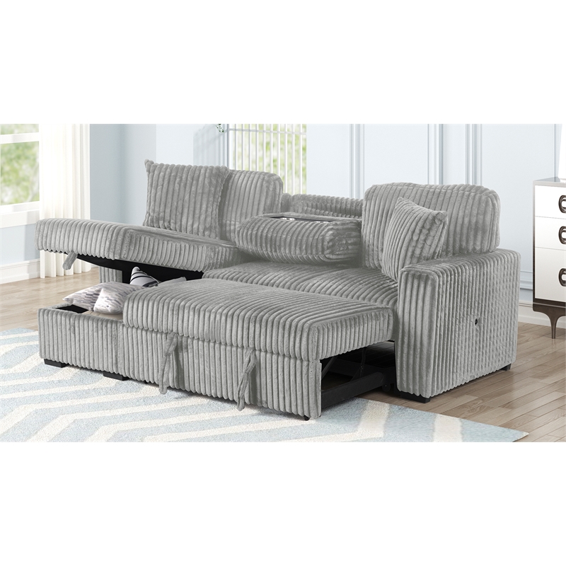 Plush Sectional made with Wood and Soft Corduroy Wood in Gray