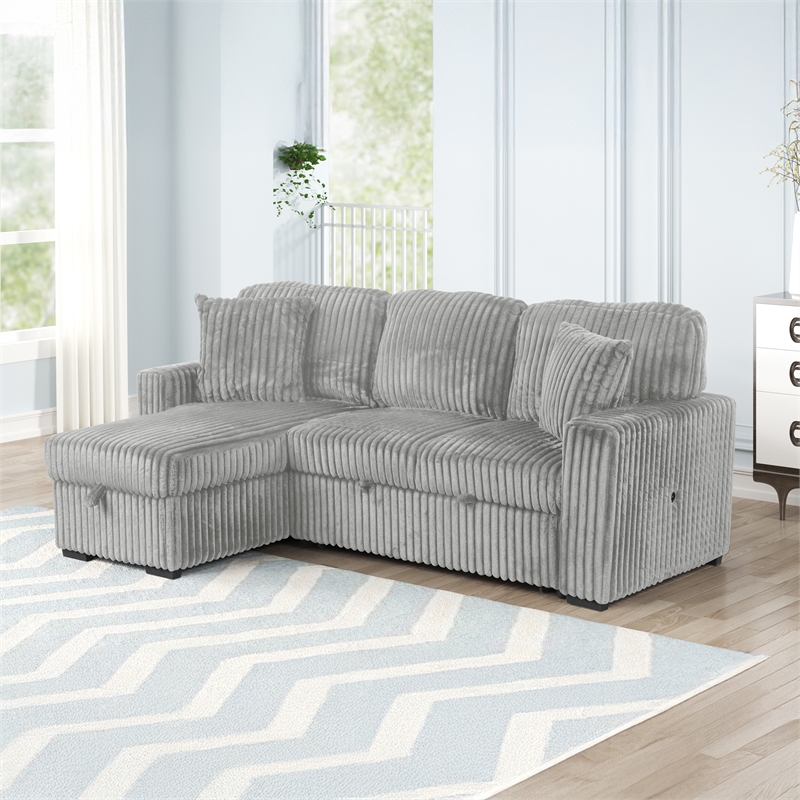 Plush Sectional made with Wood and Soft Corduroy Wood in Gray