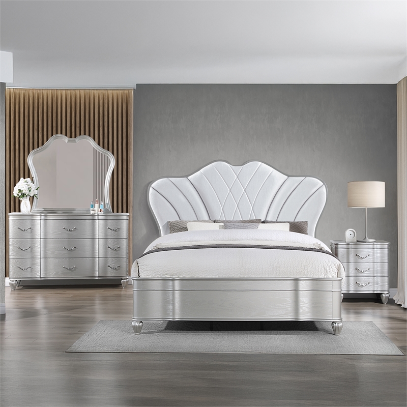 Eros Queen 4PC Bedroom Set with Manufactured Wood & Tufted Detailing in Silver