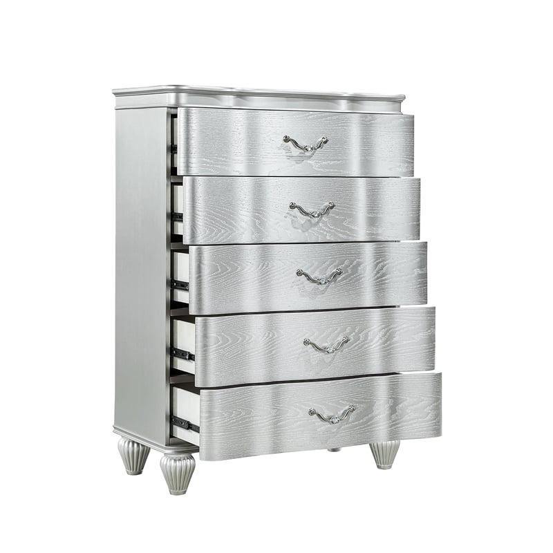 Eros Queen 5PC Bedroom Set with Manufactured Wood & Tufted Detailing in Silver