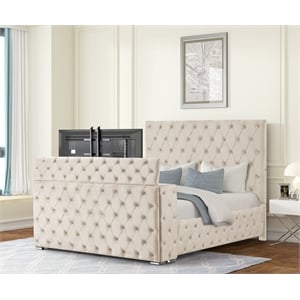 Encore Queen Bed with TV Storage and Fireplace in Beige(TV NOT INCLUDED)