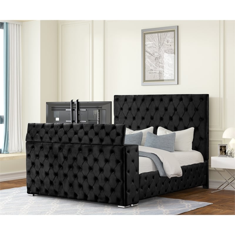 Encore Queen Bed with TV Storage and Fireplace in Black(TV NOT INCLUDED)