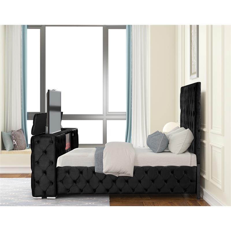 Encore Queen Bed with TV Storage and Fireplace in Black(TV NOT INCLUDED)