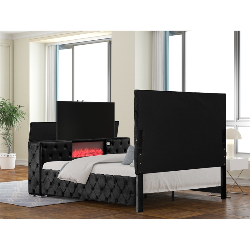 Encore Queen Bed with TV Storage and Fireplace in Black(TV NOT INCLUDED)