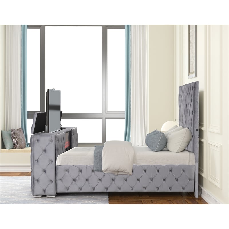 Encore King Bed with TV Storage and Fireplace in Gray(TV NOT INCLUDED)