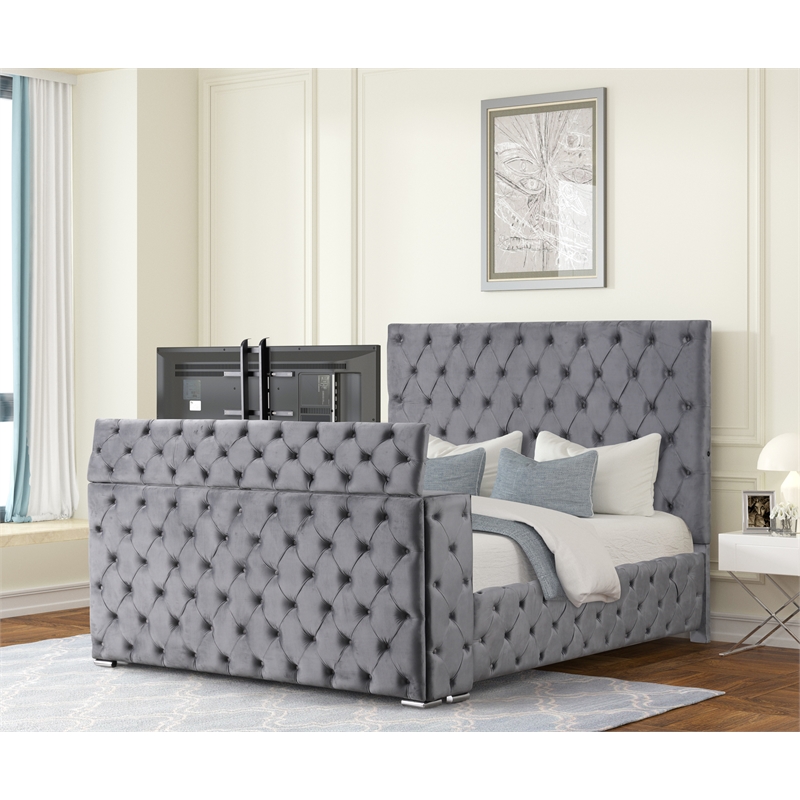 Encore Queen Bed with TV Storage and Fireplace in Gray(TV NOT INCLUDED)