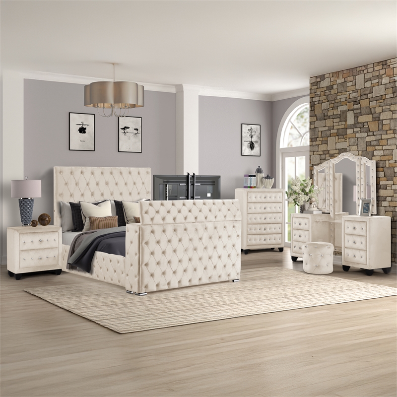 Encore 5PC Queen Vanity Set including Manufactured Wood & Fireplace in Beige