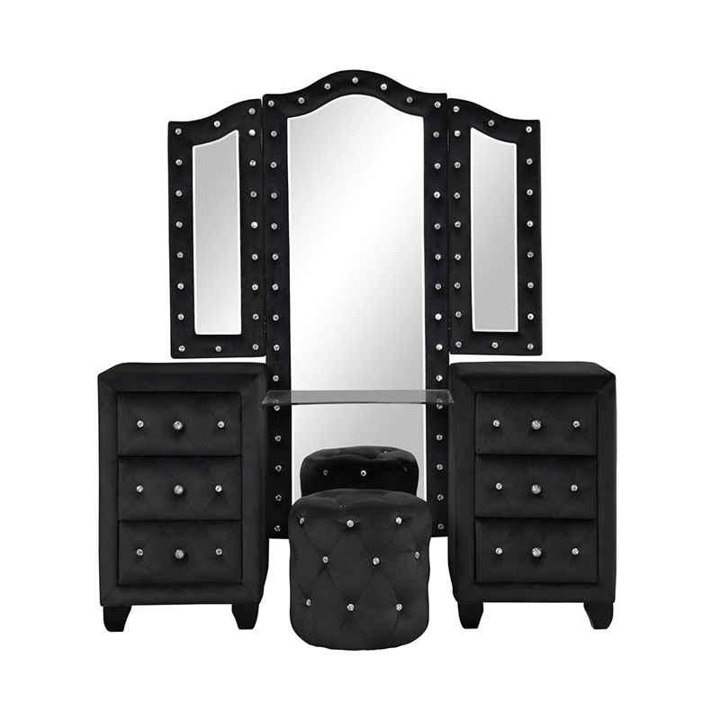 Encore 4PC Queen Vanity Set including Manufactured Wood & Fireplace in Black
