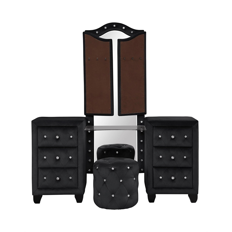 Encore King 4PC Wood Bedroom Vanity Set Black- Fireplace Footboard