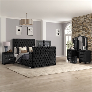 Encore King 4PC Wood Bedroom Vanity Set Black- Fireplace Footboard