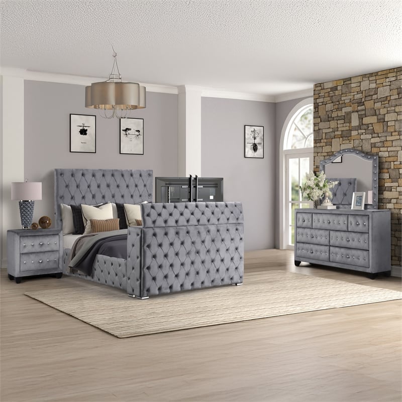 Encore 4PC Queen Bedroom Set including Manufactured Wood & Fireplace in Gray