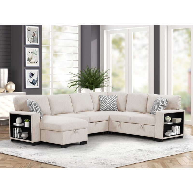 Cairo Sectional Sofa with pullout sleeper and USB made with wood and metal Beige