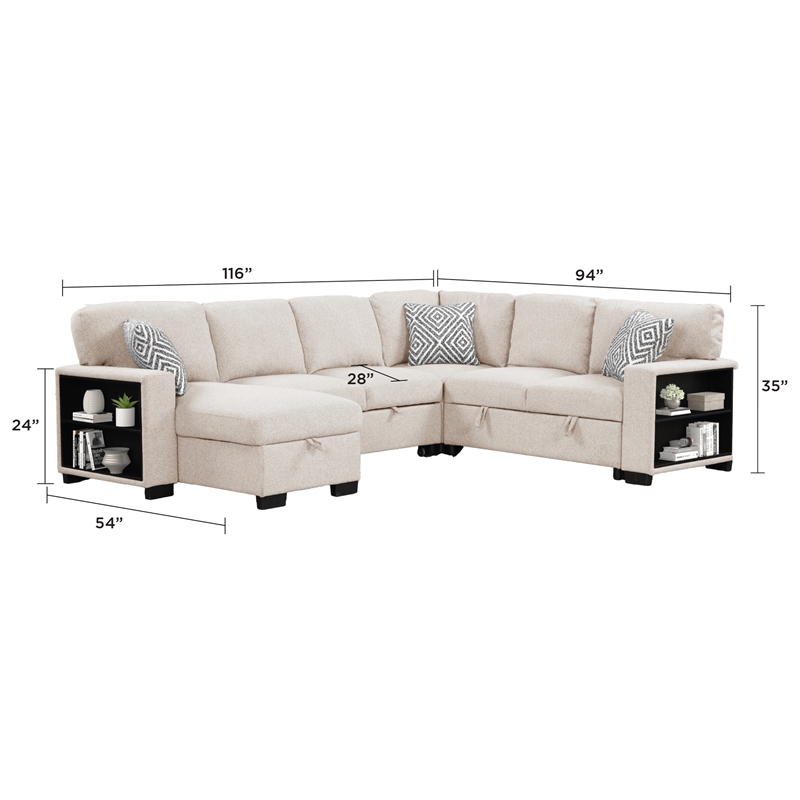 Cairo Sectional Sofa with pullout sleeper and USB made with wood and metal Beige