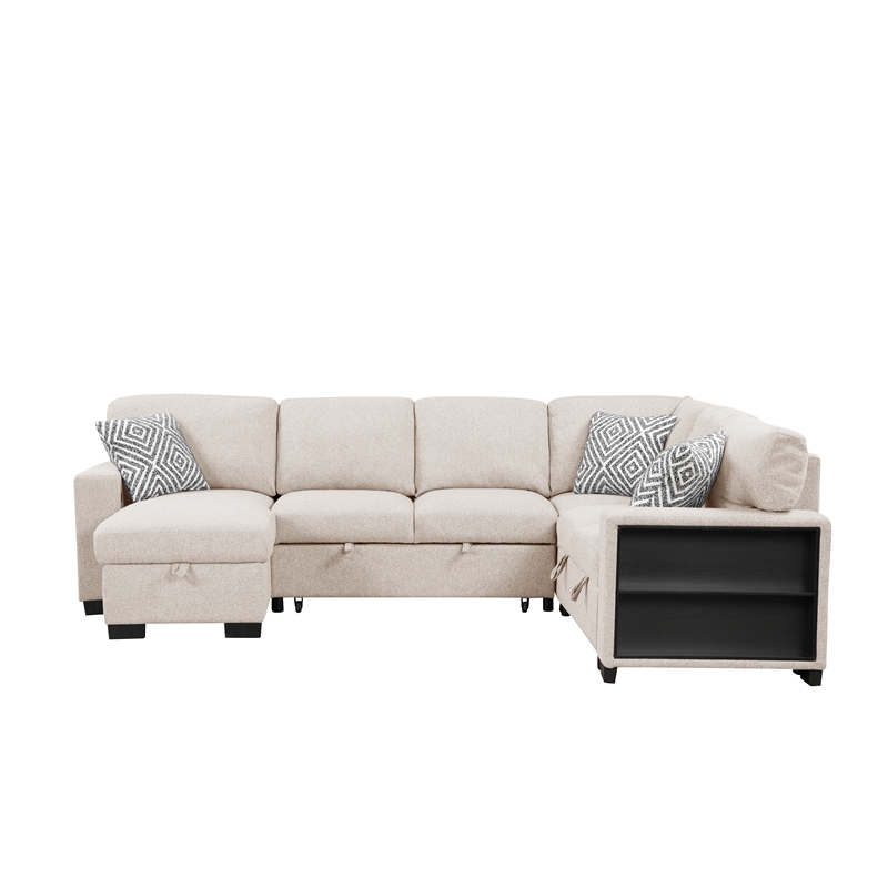 Cairo Sectional Sofa with pullout sleeper and USB made with wood and metal Beige
