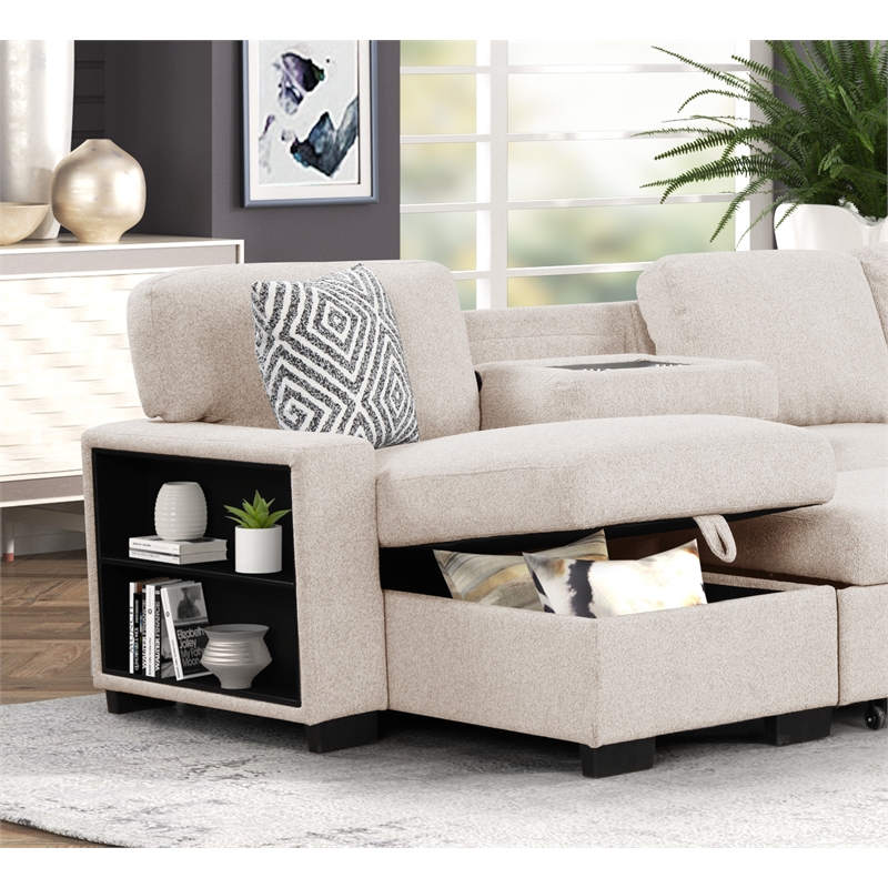 Cairo Sectional Sofa with pullout sleeper and USB made with wood and metal Beige