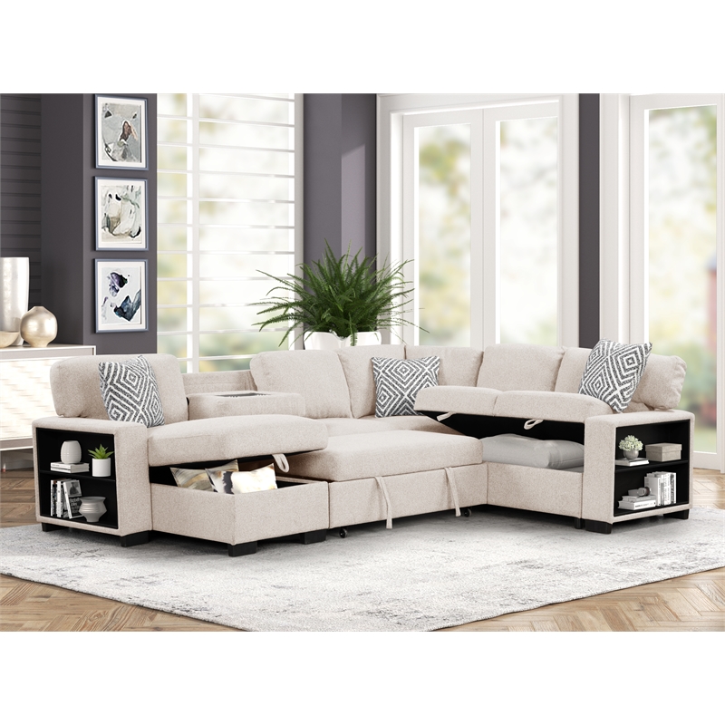 Cairo Sectional Sofa with pullout sleeper and USB made with wood and metal Beige