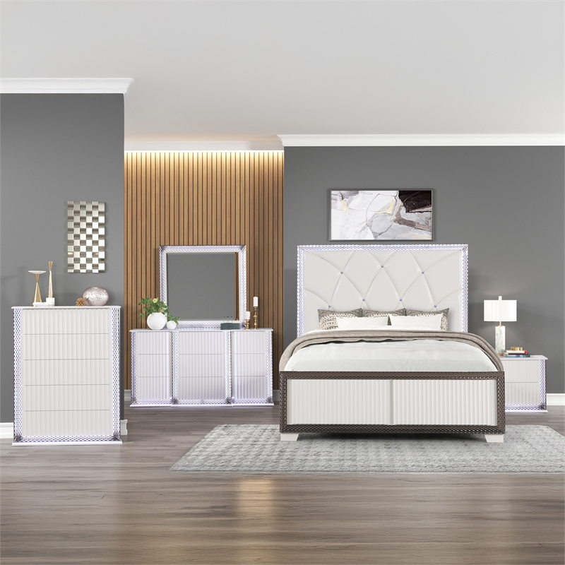 Fabio Modern Style LED King 5PC Bedroom Set Made With Wood in White