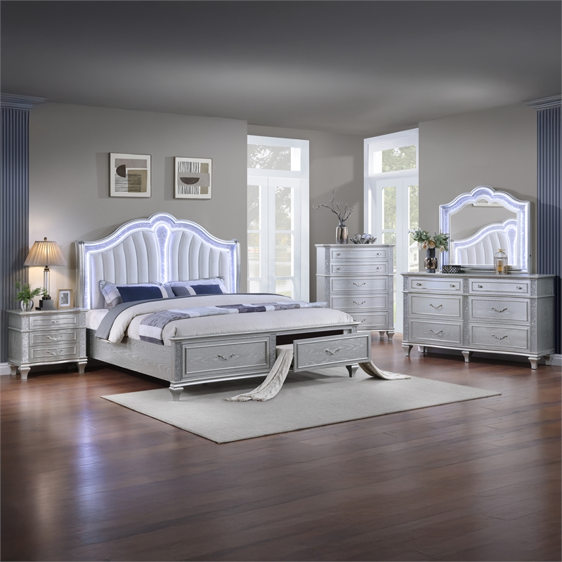 Mystic Modern Style LED Queen 5PC Bedroom Set Made With Wood in Silver