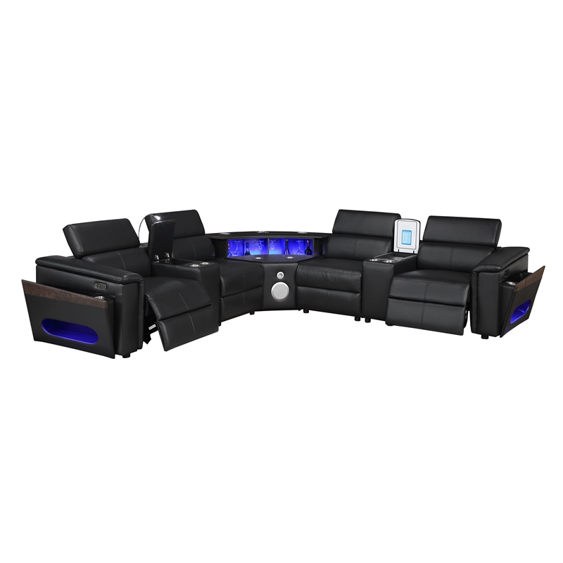 Nova Modern Sectional with 2 Consoles with Reading Light and Fridge-Black