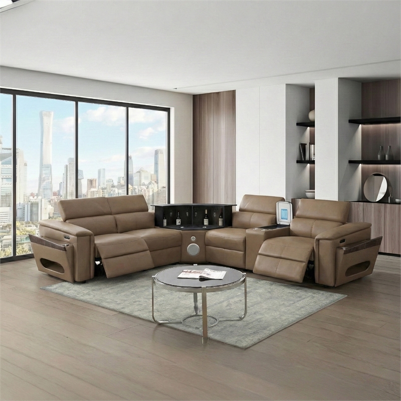 Nova Modern Sectional with 1 Console and Built In Fridge-Caramel