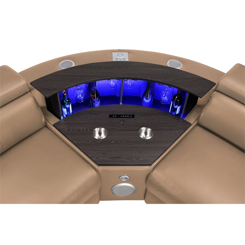 Nova Modern Sectional with 2 Consoles with Reading Light and Fridge-Caramel