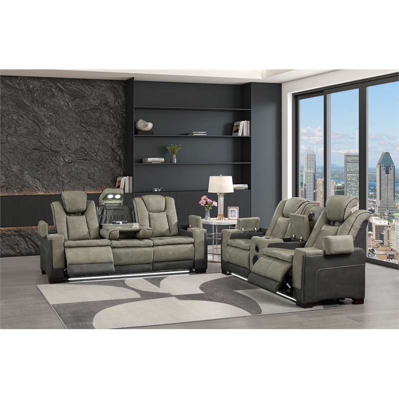 Bruno 2pc Power Reclining Sofa and Loveseat Set in Gray Faux Leather