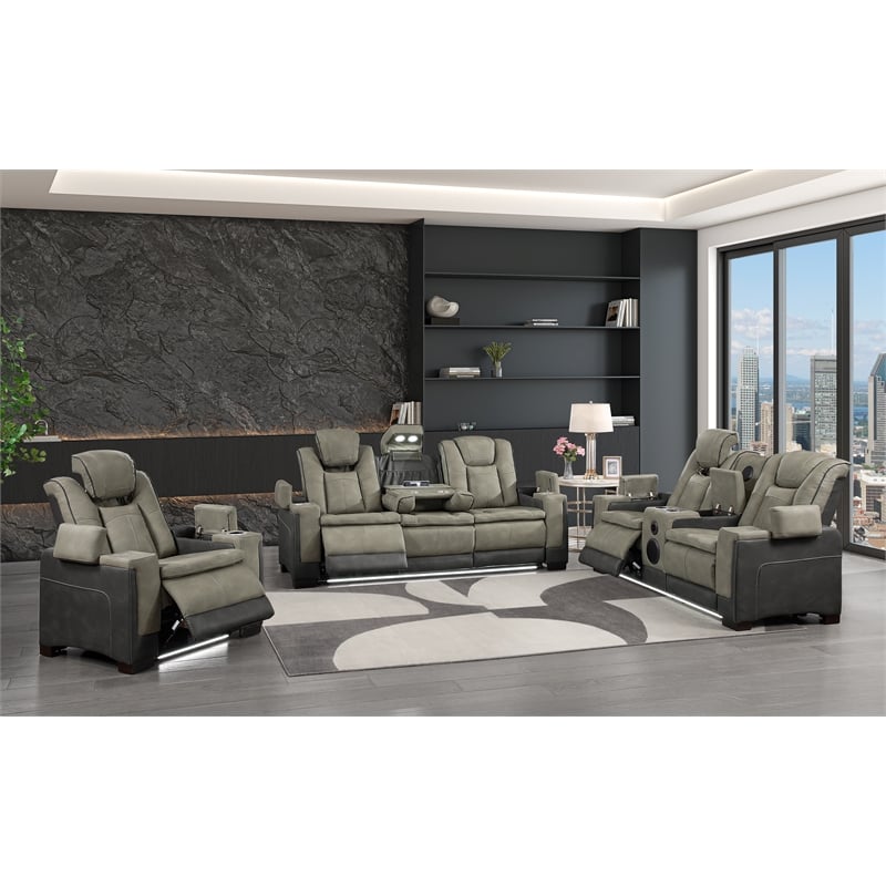 Bruno 3pc Power Reclining Sofa Loveseat and Recliner Set in Gray Faux Leather
