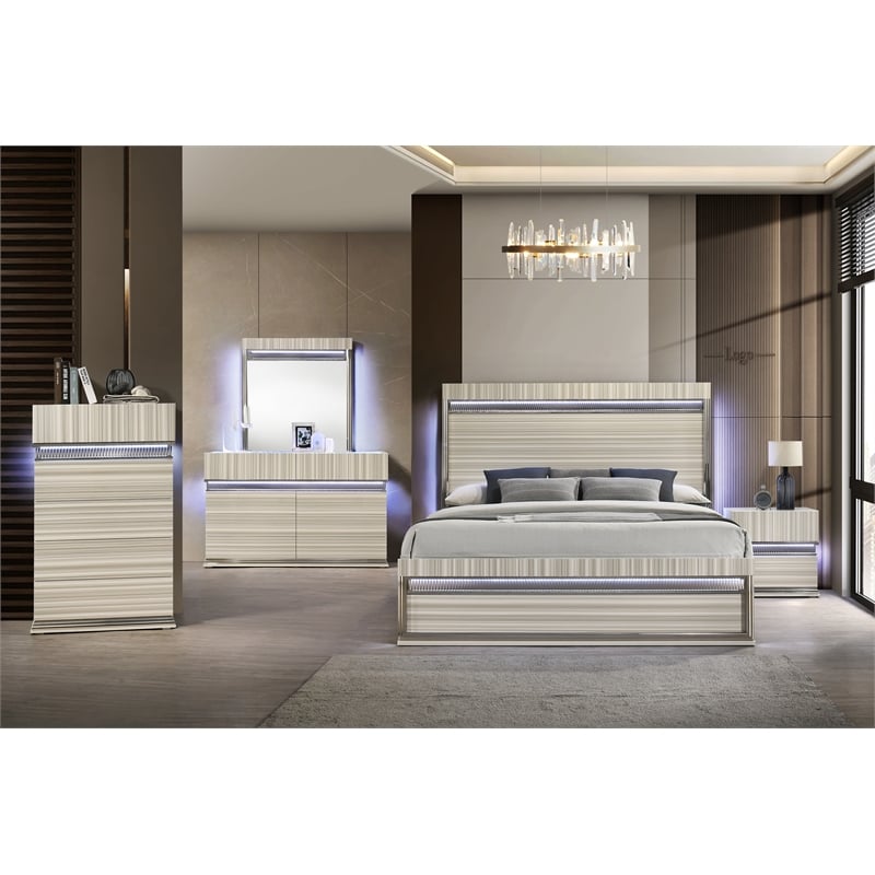 Leonor Modern Style King Wood LED Panel Bed in Gray