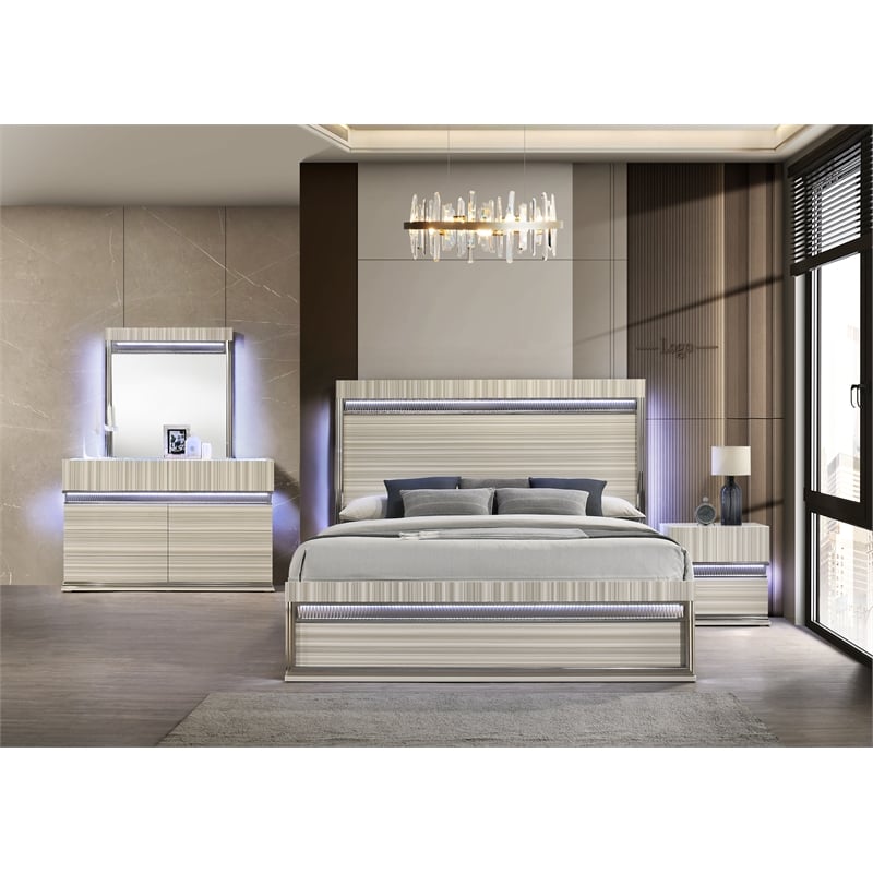 Leonor Modern Style Queen 4Pc Wood LED Bedroom Set in Gray