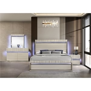 Leonor Modern Style Queen 4Pc Wood LED Bedroom Set in Gray