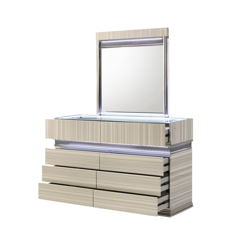 Leonor Modern Style Wood LED Rectangle Bedroom Mirror in Gray