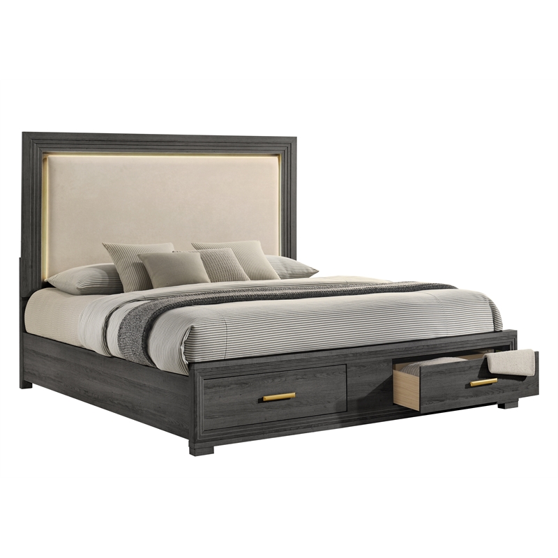 Colorado Modern Style King LED Upholstered Wood Bed in Charcoal