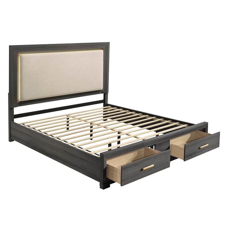 Colorado Modern Style King LED Upholstered Wood Bed in Charcoal