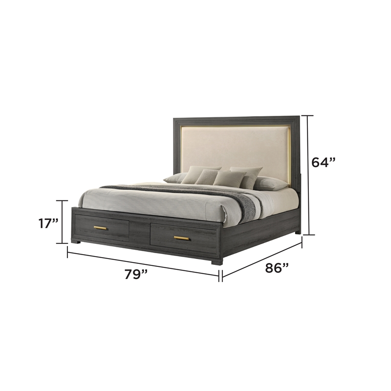 Colorado Modern Style King LED Upholstered Wood Bed in Charcoal