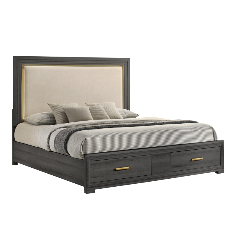 Colorado Modern Style King LED Upholstered Wood Bed in Charcoal
