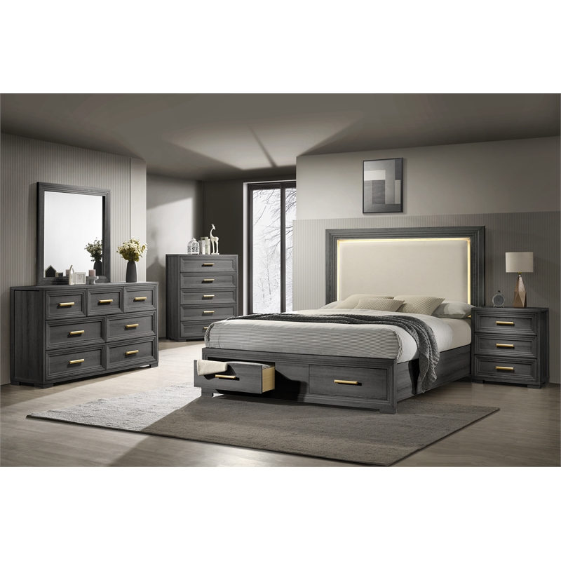 Colorado Modern Style King 5Pc Wood LED Bedroom Set in Charcoal